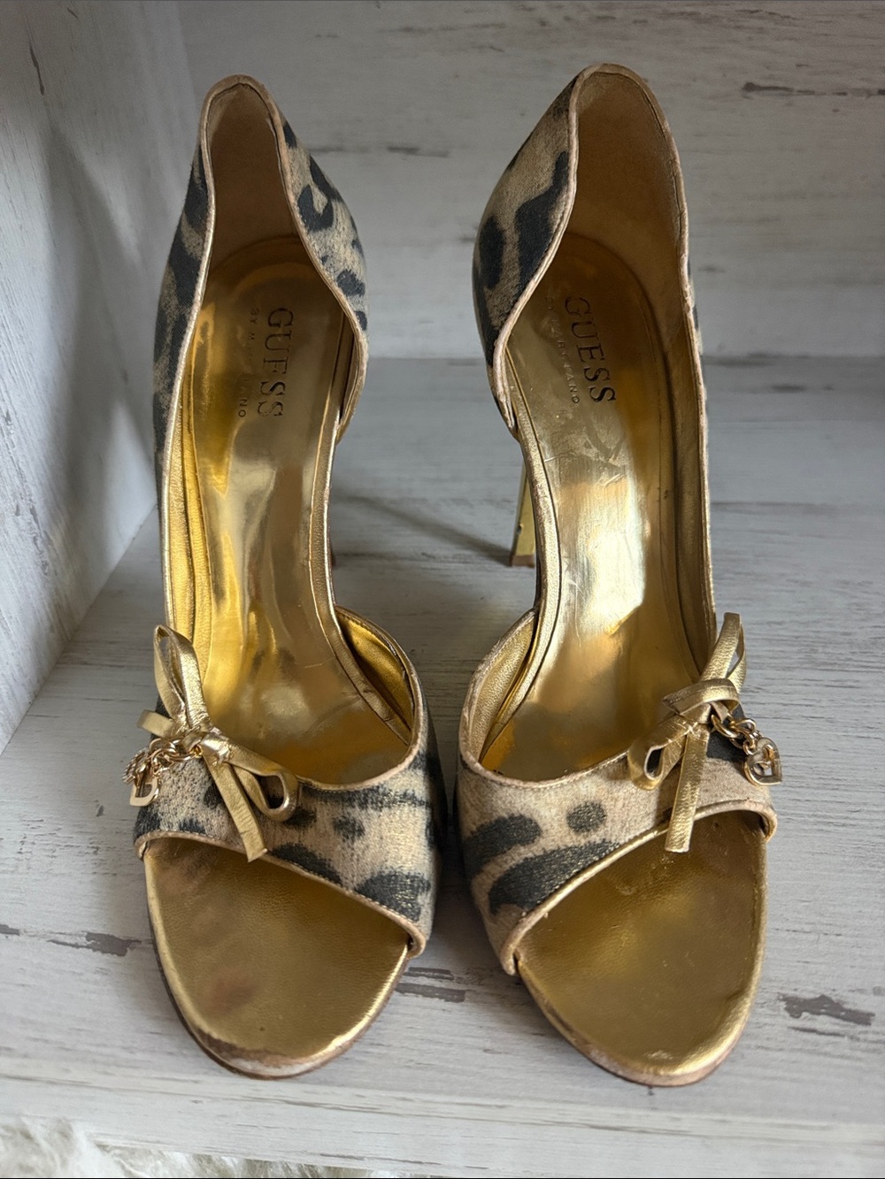 GUESS Leopard-Print Open-Toe Heels with Gold Accents